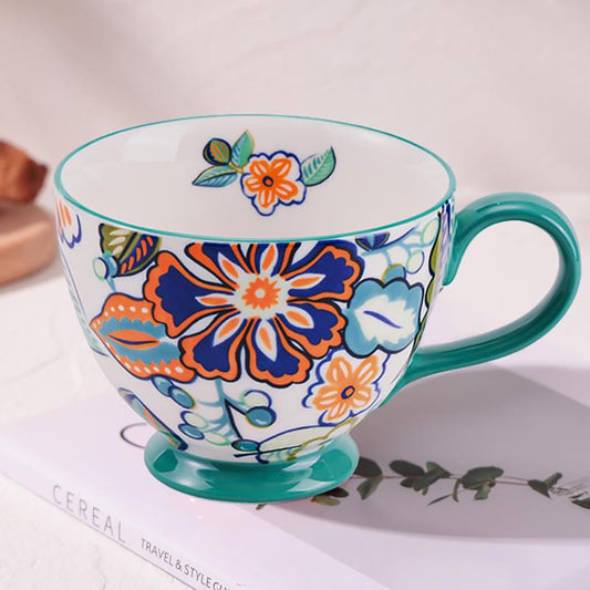 Vintage Flower Mugs – Large Ceramic Coffee Mug (15oz) – Cute Cereal Cup for Breakfast, Oatmeal Tea & Hot Drinks – Handmade