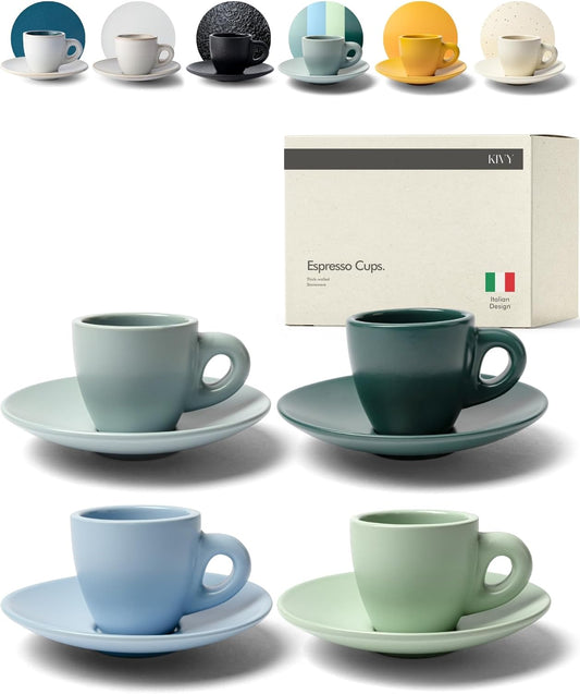 KIVY Espresso Cups Set of 4 [Set 4x 3oz]- Espresso Set Thick Walled Stoneware Espresso Cup Set - Italian Style Espresso Cups
