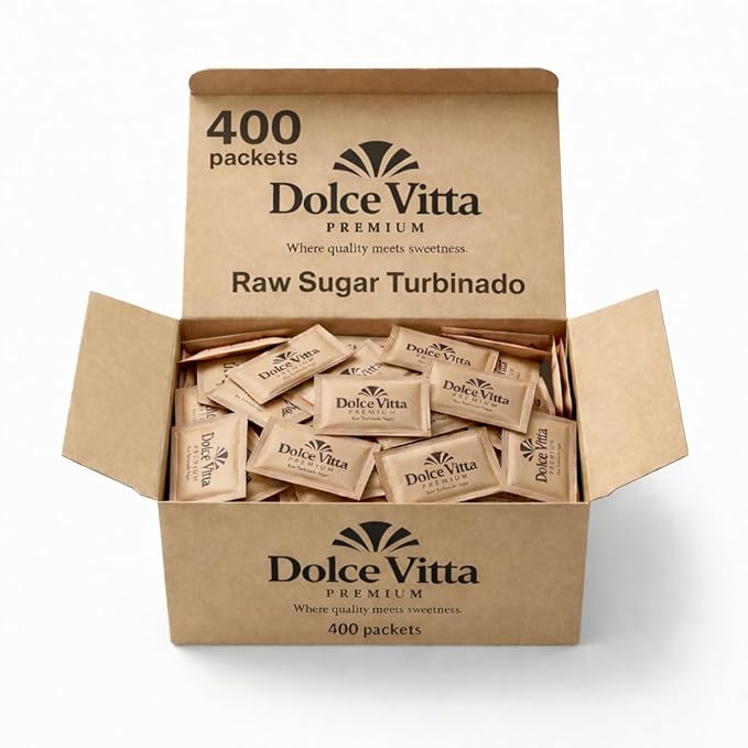 Raw Sugar Dolce Vitta Premium, (400 Ct Box) - Raw Sugar Turbinado Cane Sugar Packets, Pure, All-Natural Turbinado Sugar, Sugar Pure Cane, Non-GMO Project Verified, Kosher, Vegan and Gluten Free.