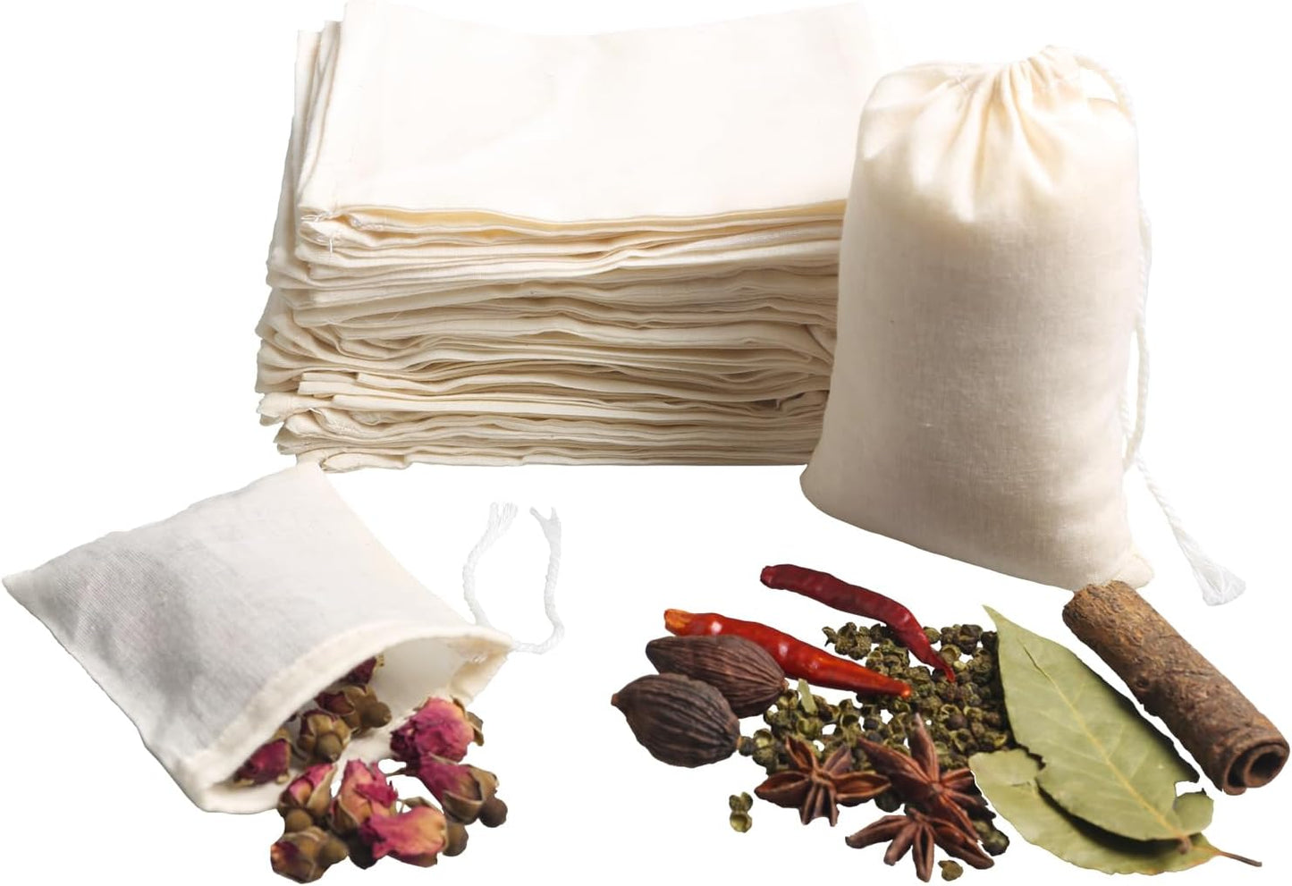 Eketirry Spice Bags, 20pcs Reusable Empty Tea Bags, Muslin Strainer Bags, Soup Bags for Cooking, Natural Cotton Fine Mesh Cheesecloth Bags for Cold Brew Coffee(2 x3Inch)