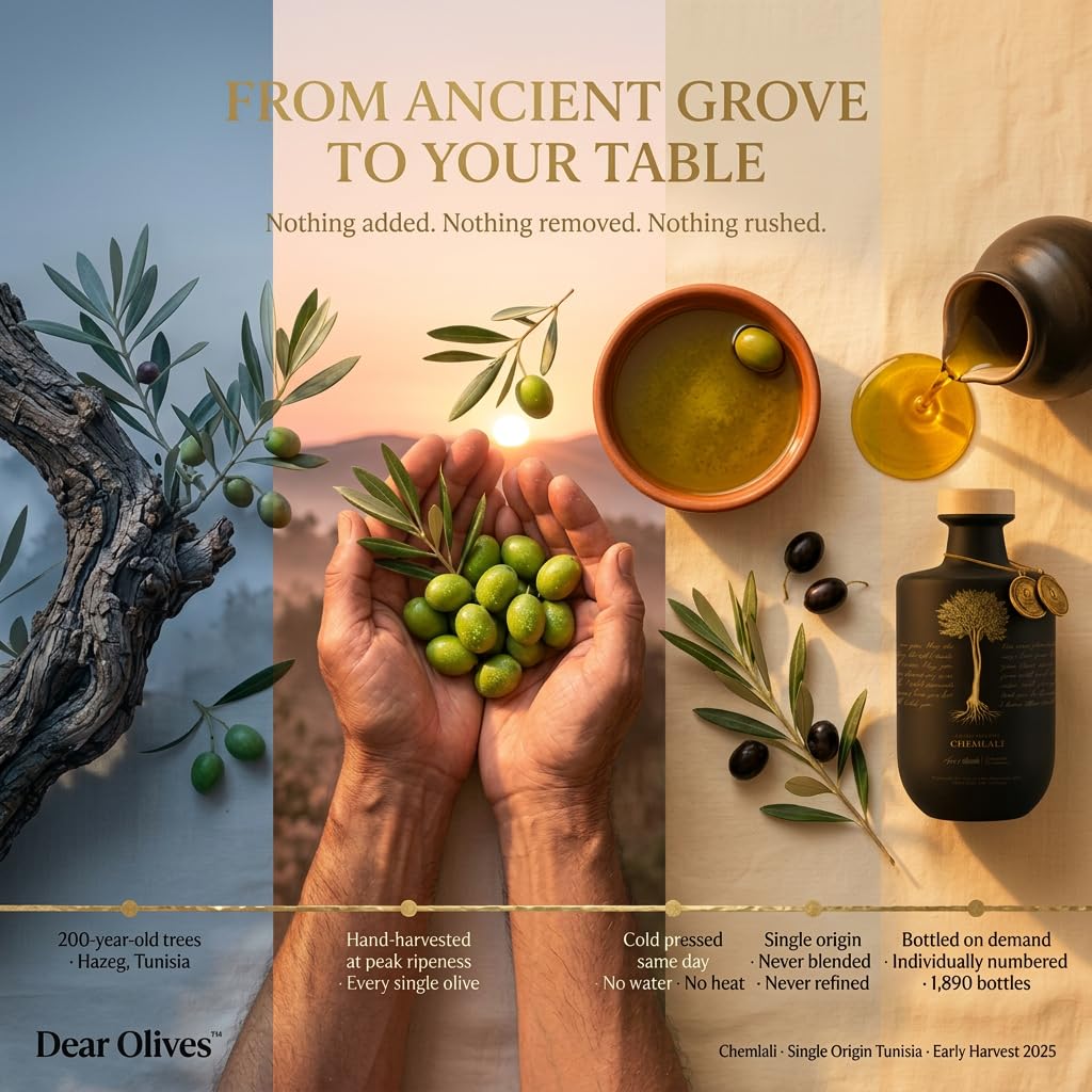 Dear Olives™ Smooth Mediterranean Extra Virgin Olive Oil, Early Harvest Cold Pressed, Balanced Taste &amp; Polyphenols, Perfect for Dipping, Drizzling and Cooking, Award-Winning 2025 Harvest in Premium Box, 700ml / 23.7 Fl Oz (Chemlali - Smooth)