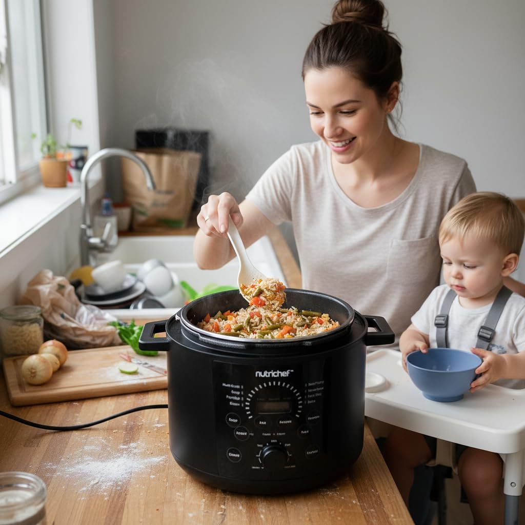 NutriChef Electric Pressure Cooker 6 Quart Capacity | 9 Function Digital Countertop Pressure Cooker | Adjustable Time & Temperature | Cook, Bake, Steam, & Braise | 13.1 x 11.4 IN | Black