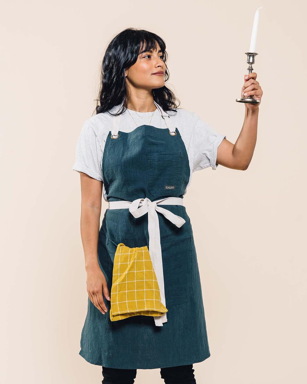 Caldo Linen Kitchen Apron - Mens and Womens Linen Bib Apron - Adjustable with Pockets (Spruce)