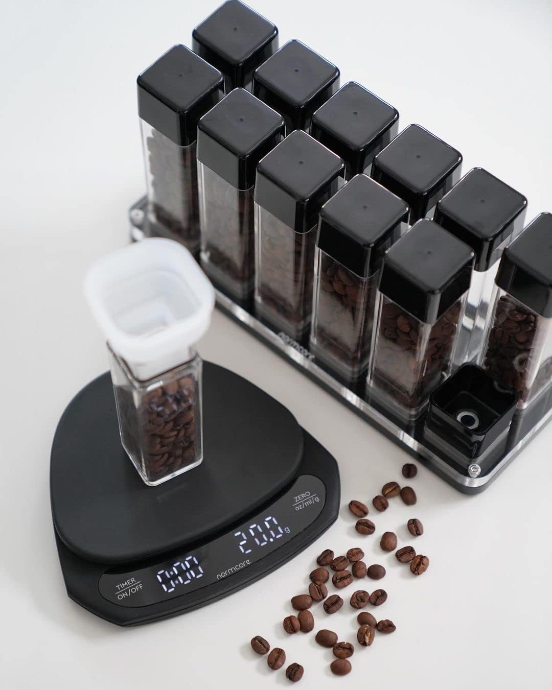 Normcore 12 Tubes Coffee Bean Cellars with Stand &amp; Hopper - Single Dose Coffee Bean Vaults - Espresso Bean Storage Set - One-Way Exhaust Valve - Capacity 25-28g