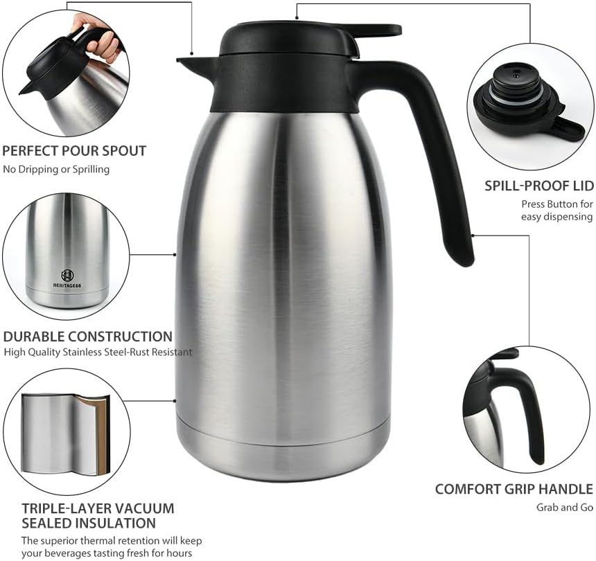 Heritage66 Thermal Coffee Carafe with Cleaning Brush – 68 oz (2 L) Vacuum Insulated Stainless Steel Beverage Dispenser, Keeps Drinks Hot 12 H/Cold 24 H, Ideal for Home, Office &amp; Parties