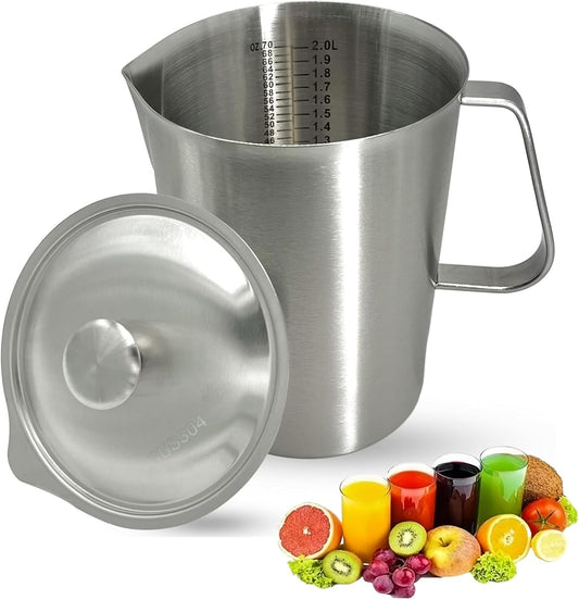 70 oz Stainless Steel Pitcher with Lid and Handle – Large Metal Measuring Cup with Markings, 2 Liter Water Jug for Frothing
