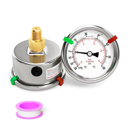 -30inHG-60PSI Stainless Steel Liquid Filled Pressure Gauge, 2.5" Dial Size, 1/8" NPT Back Mount, for Tube, Water Pump, Gas,