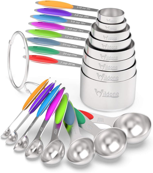 Measuring Cups & Spoons Set of 16, Wildone Premium Stainless Steel Measuring Cups and Measuring Spoons with Colored Silicone