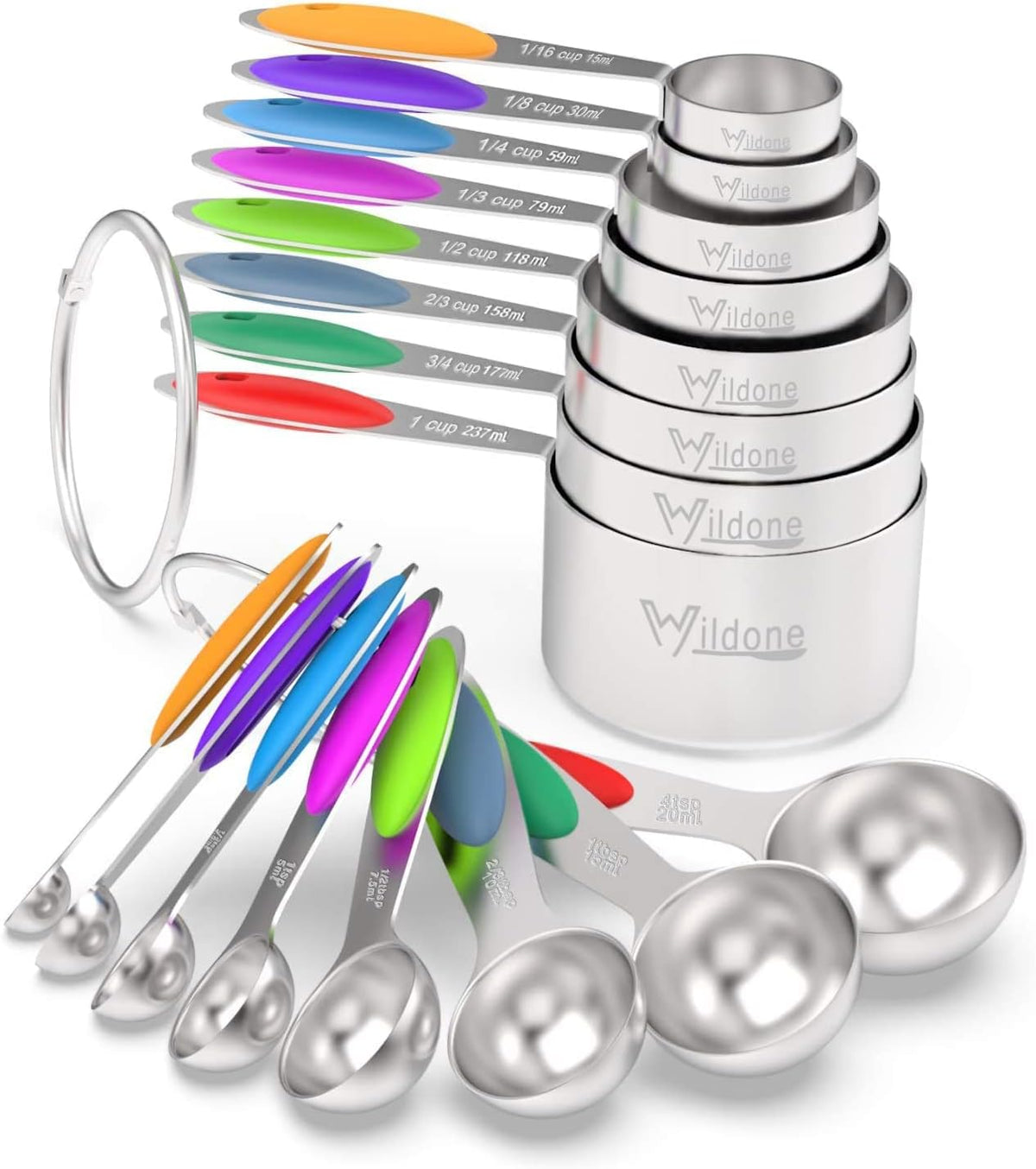 Wildone Stainless Measuring Cups and Spoons Set with Silicone Handle, 16pcs | 8 Measuring Cups and 8 Measuring Spoons, Nesting Design, Heavy Duty for Measuring Dry/Liquid Ingredients, Multicolor