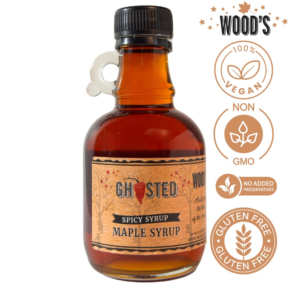 WOOD'S “Ghosted” Maple Syrup – Ghost Pepper Infused | Sweet &amp; Spicy Flavor Fusion | Small-Batch Vermont Syrup with Real Ghost Pepper Extract | Vegan, Natural, Eco-Friendly | Great for Cocktails, BBQ, Glazes &amp; More |8.45 Fl Oz (250mL)