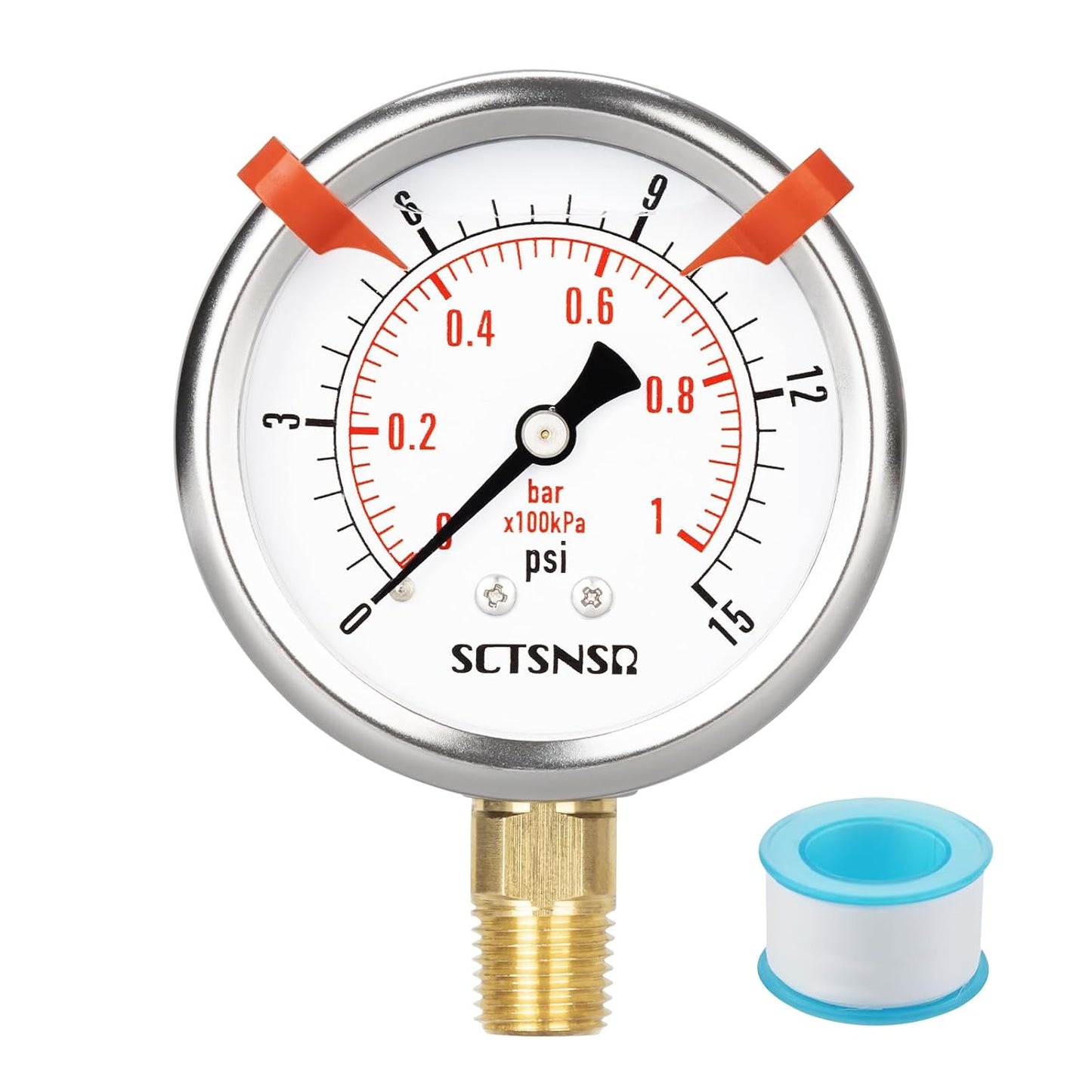 0 to 15 Psi Pressure Gauge, Liquid Filled, 1/4" NPT Lower Mount