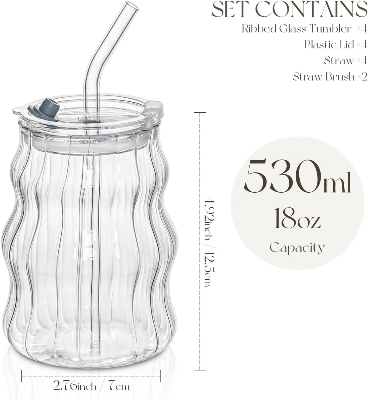 KEMORELA 4PCS Ribbed Glass Cups with Lids &amp; Straws – 18oz Vintage Wavy Coffee Cups, Bubble Glass Aesthetic for Iced Coffee, Clear Ribbed Glasses with Straws, Ideal Drinkware Set
