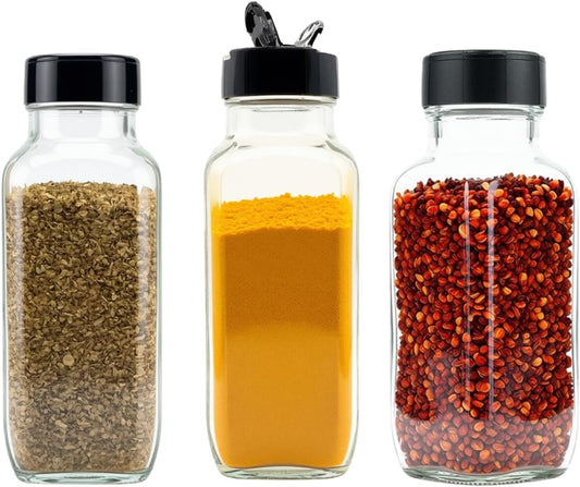 JARMING COLLECTIONS Glass Spice Jars with Shaker Lids - Spice Jars 8oz for Food Storage, Spice Containers for Kitchen Organization and Storage, Glass Organizing Bottles (French Square 8oz Blackx3)