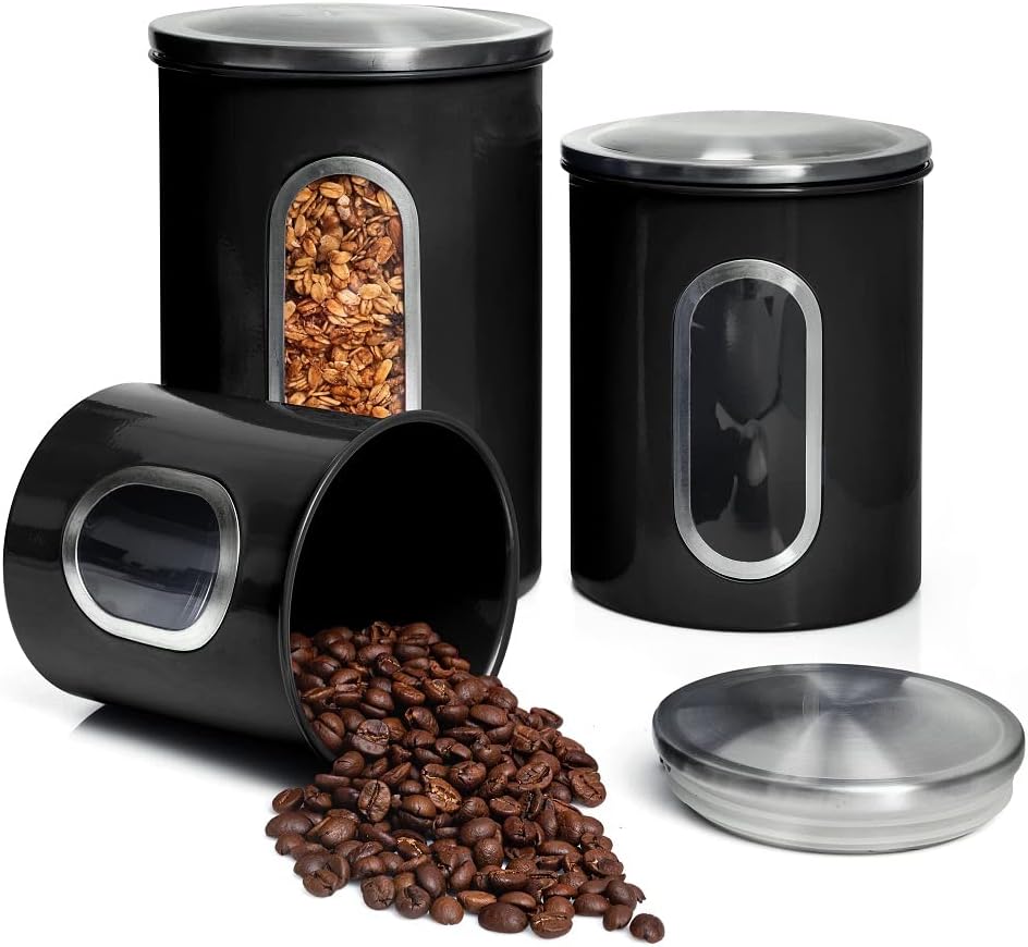 Moss & Stone 3-Piece Black Canisters Sets For The Kitchen, Airtight Canister Set With See Through Wi
