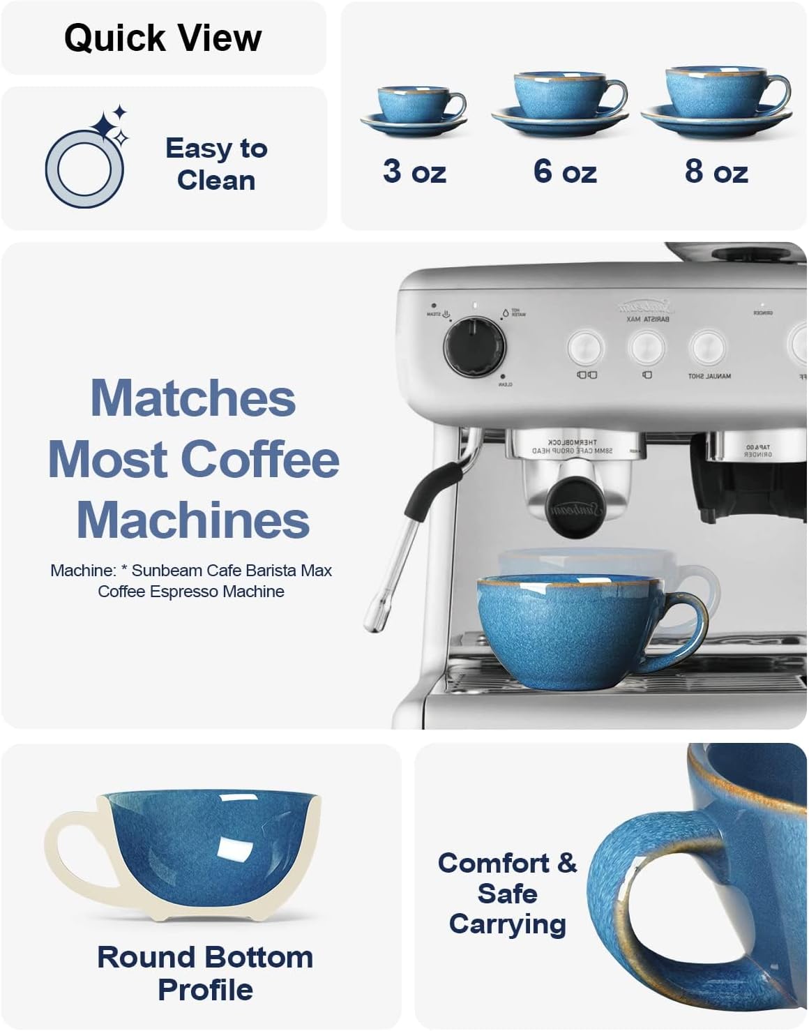LE TAUCI 6 oz Cappuccino Cups with Saucers, Set of 4 Ceramic Coffee Cup and Saucer Set for Latte, Au Lait, Flat White, Mocha, Tea, Embossed Coffee Cups, Ceylon Blue
