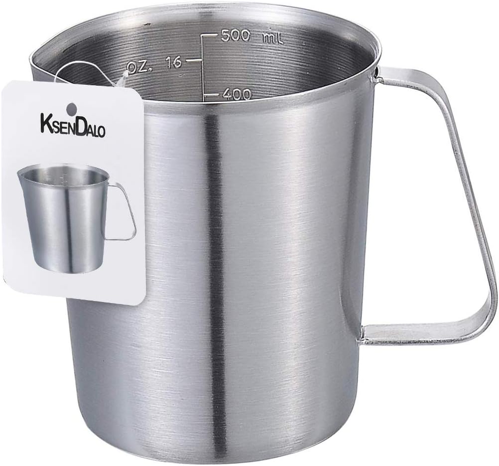 KSENDALO SUS304 Stainless Steel Measuring Cup Pitcher, 16oz/2Cup/500mL Metal Measuring Cup with Precision Engraved Markings for Kitchen Baking, Frothing, Liquid, Coffee, Milk