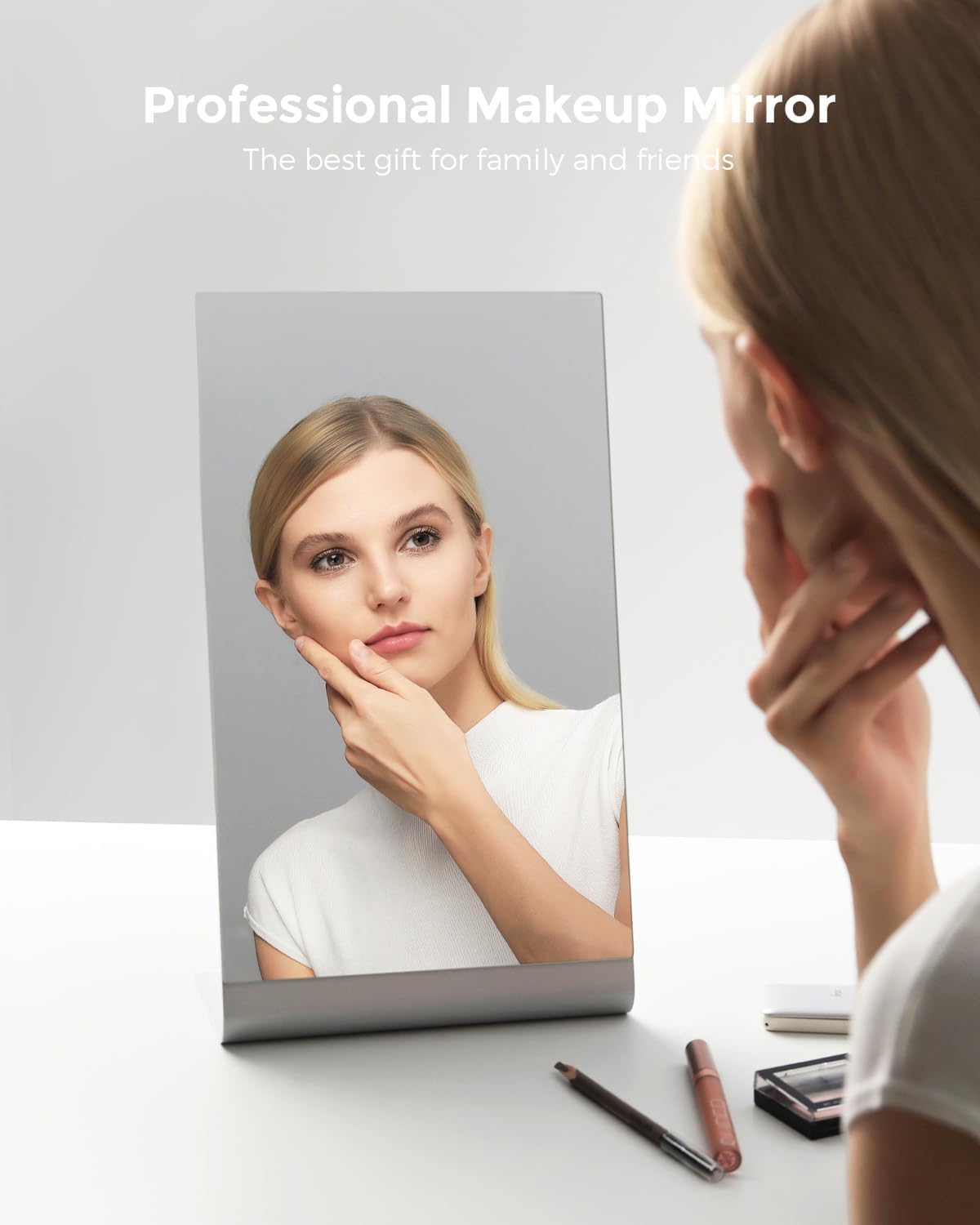 NEZZOE 15"x8" Frameless Makeup Mirror, Minimalist Free Standing Desk Mirror | Aluminium Flat Vanity Mirror for Bathroom Countertop, Desk or Jewelry Display, Perfect for Makeup &amp; Shaving