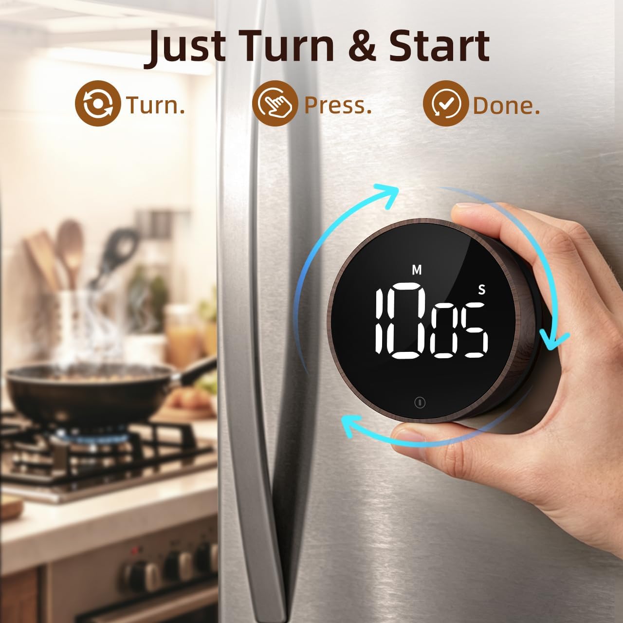 Digital Magnetic Kitchen Timer &amp; Stopwatch with LED Display, Woodgrain | Up to 99:55 Countdown &amp; Count Up , Easy Twist Control, Adjustable Volume &amp; Brightness, Magnetic Back, Battery Powered