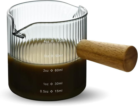 Glass Measuring Cup, 4oz Espresso Shot Glass with Wood Handle, Double Spouts Measuring Triple Pitcher Milk Cup for Coffee