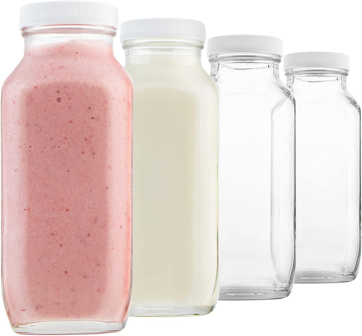 kitchentoolz 16oz Glass Milk Bottles with Lids – 16 oz Reusable Glass Bottles for Milk, Creamer, Juice, Smoothies, Kefir &amp; Yogurt – Airtight Square Drinking Jars for Lunch Box &amp; Fridge – 4 Pack