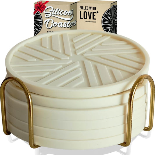 Silicone Coasters for Drinks, Set of 6 with Gold Holder and Modern Elegant Pattern, Unique Protection for Coffee Table,