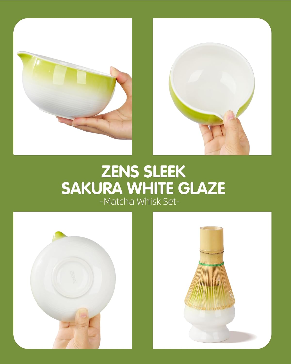 ZENS Premium Matcha Whisk Set, 6pcs Matcha Kit for Tea Ceremony, Green