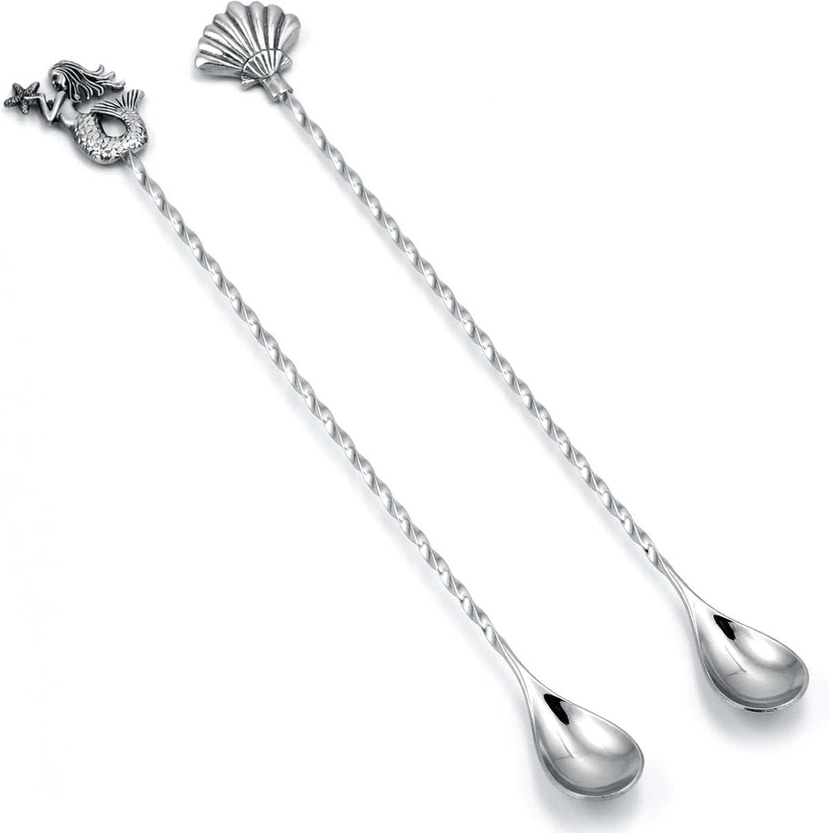 Homestia 12 Inch Bar Spoon, 2 Pcs Cocktail Spoon wIth Mermaid Shell Decor | Dirty Soda Bar Supplies, Stainless Steel Coffee Bar Use, Mixing &amp; Layering Drink Stirrer, Long Spoon for Bartending Stirring