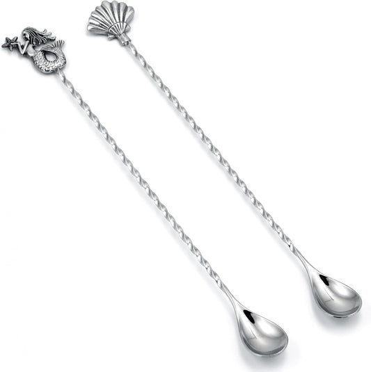 Homestia 12 Inch Bar Spoon, 2 Pcs Cocktail Spoon wIth Mermaid Shell Decor | Dirty Soda Bar Supplies, Stainless Steel Coffee Bar Use, Mixing &amp; Layering Drink Stirrer, Long Spoon for Bartending Stirring