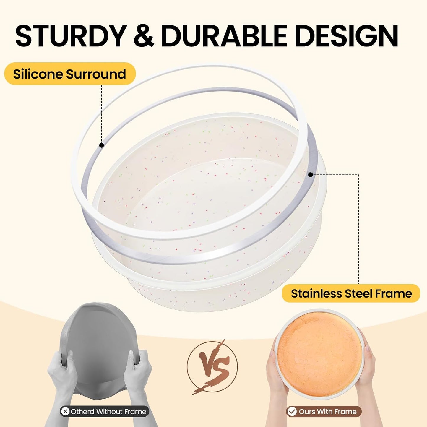 Vinino 6 Inch Round Cake Pans, 2 Pack Silicone Mold with Metal Frame | Ideal for Layer Cakes and Birthday Baking, Flexible Design for Homemade Desserts and Easy Storage