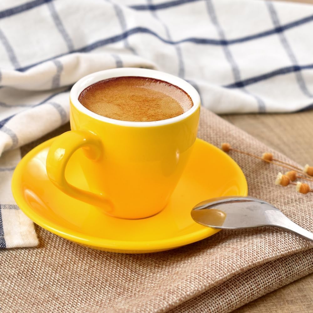 Porcelain Espresso Cup with Saucer And Stainless Steel mini Spoons, Espresso shot Cup, 80ml/2.7Oz, Pack of 2, Yellow
