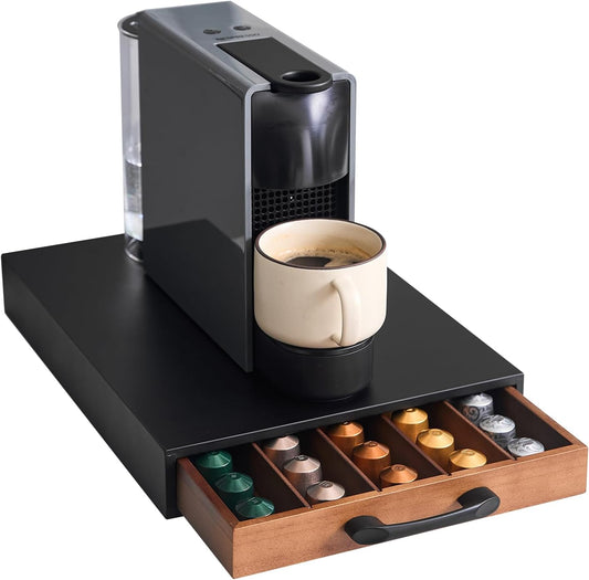 Coffee Pod Holder Compatible with Nespresso OriginalLine Capsules – 50-Pod Acacia Wood Drawer Organizer with Anti-Slip Base