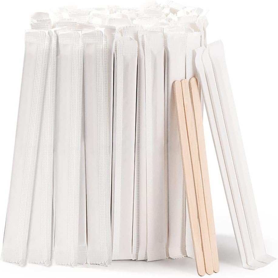 200pcs Individually Wrapped Coffee Stirrers Wood - 5.5" Coffee Stir Sticks, Round End Disposable cof