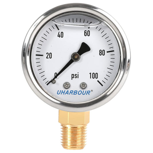 Liquid Filled Fuel Pressure Gauge with 2" Dial and 304 Stainless Steel case, 0-100Psi, 2% Accuracy, 1/4" NPT Center Lower