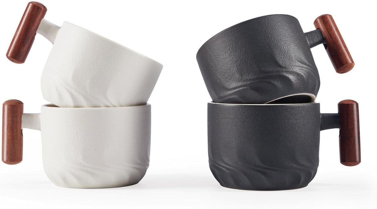 2.5oz Ceramic Espresso Cups with Wooden Handle, Small Coffee Cups Double Shot Espresso Cups Set of 4