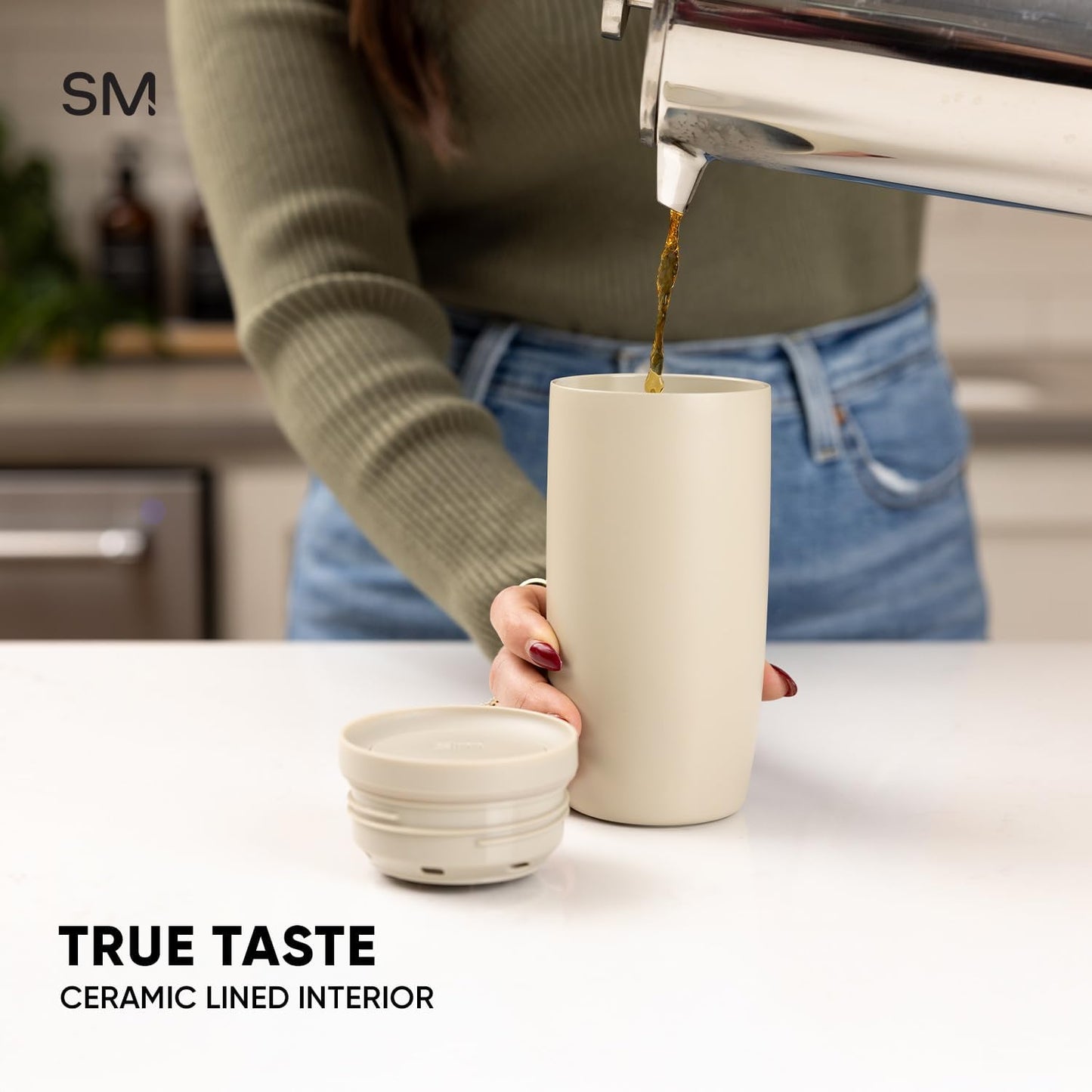 Simple Modern Insulated Travel Coffee Mug 360° Lid | 16oz | Beige | Voyager Ceramic-Lined Insulated Stainless Steel Coffee Tumbler, Iced Coffee Cup, Mug with Lid | Fits Cupholder, Almond Birch