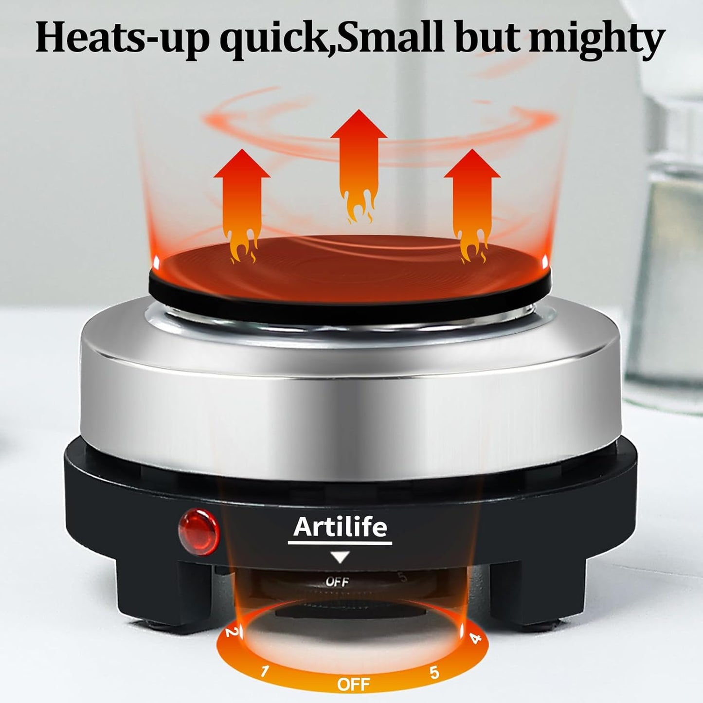Artilife 500W Mini Electric Hot Plate - Moka Pot Special, 110V Compact RV Camping Stove, 4" Cast Iron Burner for Coffee, Low Wattage Portable (Silver)