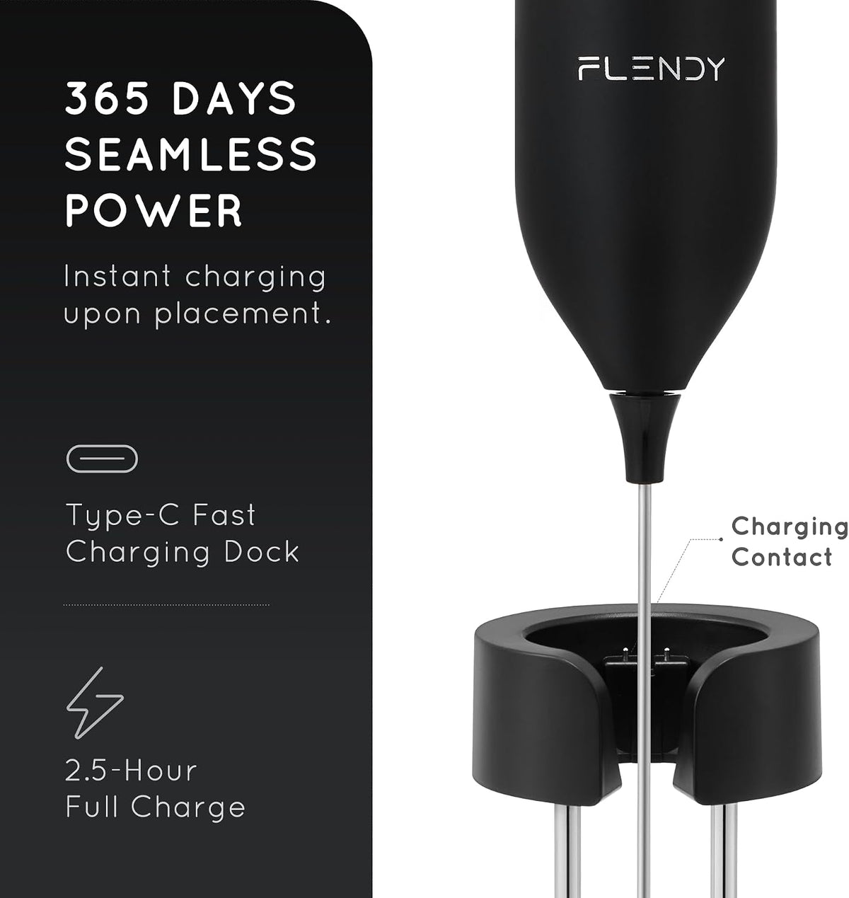Flendy Rechargeable Milk Frother Handheld with Charging Stand | USB-C Charging Dock, 2 Detachable Double Whisk, Extra Long Mixer Wand, Wall Mount, Top Button, Compact Electric Stirrer