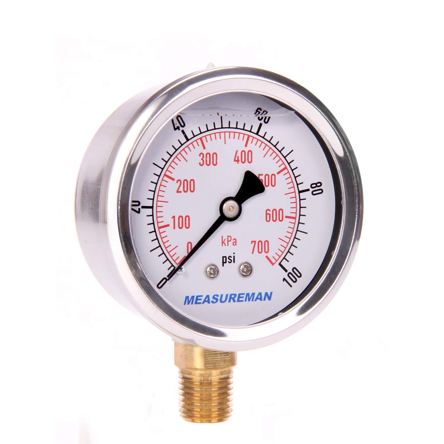 MEASUREMAN Pressure Gauge 1/4 NPT, 0-100psi/kPa Glycerin Filled Pressure Gauge with 2.5 Inch Dial Size and 304 Stainless Steel Case (0-100 psi, Lower Mount)