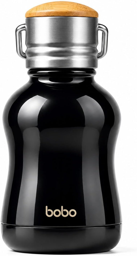 YOHKOH Mini Vacuum Insulated Water Bottle With Bamboo Lid - Stainless Steel Thermos Water Bottle for Women Girls Kids, Metal Sports Hot and Cold Water Bottle Leak-Proof BPA-Free (6.4oz,Black)