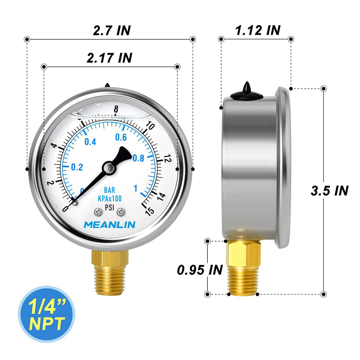 MEANLIN MEASURE 0~15Psi Stainless Steel 1/4" NPT 2.5" FACE DIAL Liquid Filled Pressure Gauge WOG Water Oil Lower Mount, with 1/2" NPT and 3/8" NPT Hex Bushing