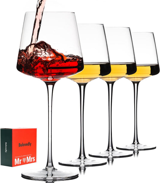 25oz Red Wine Glasses Set of 4, Hand Blown, Large Premium Crystal Wine Glass– Burgundy Wine Glasses With Long Stem – Unique Thin Stem Wine Glasses, Clear Lead-Free Stemmed Square Wine Glasses