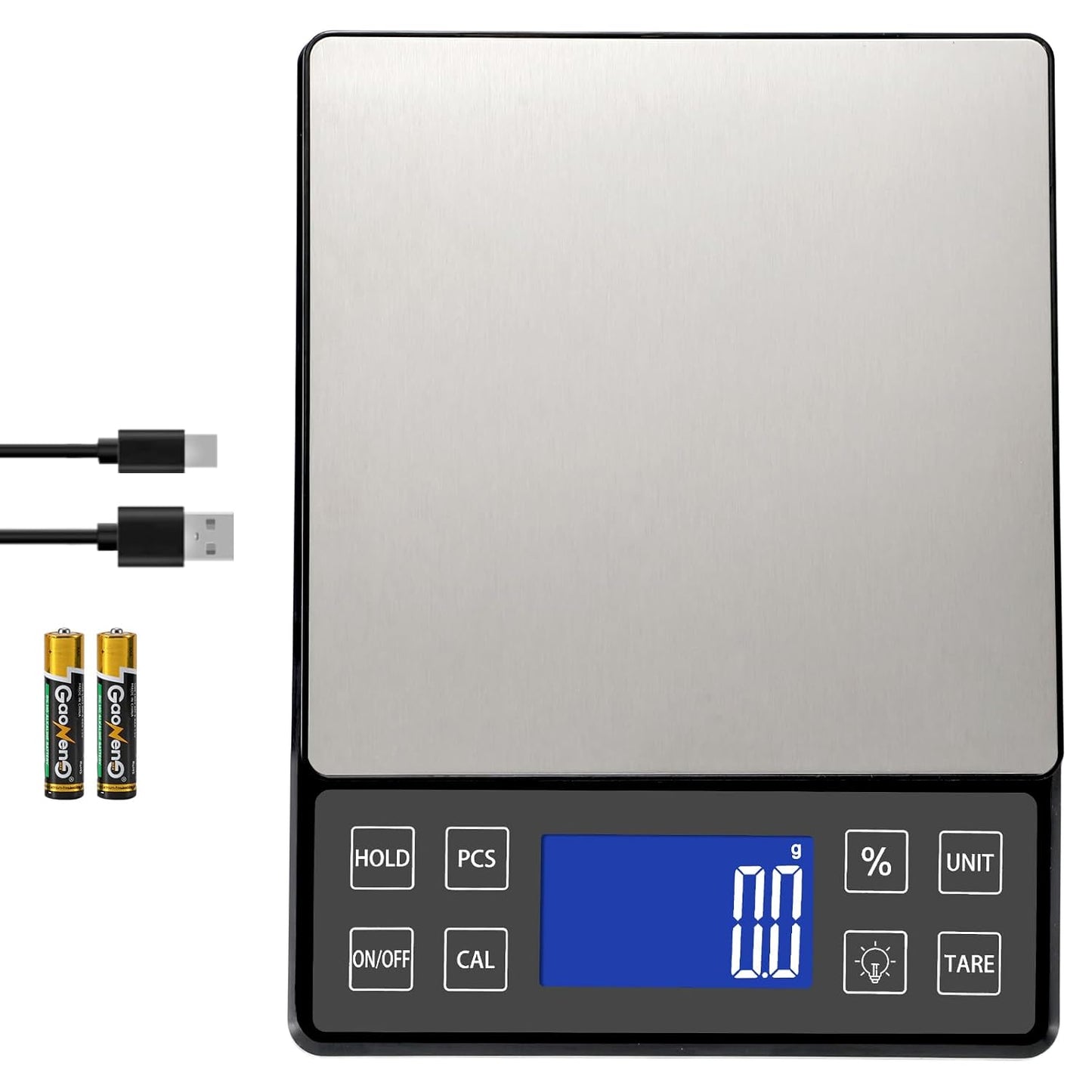 Digital Kitchen Scale with 0.1g/0.001oz High Precision, 5kg/11lb Food Bakery Scale with% Percentage Function, Tare Function, USB Rechargeable or AAA Battery Power, Stainless Steel Pan