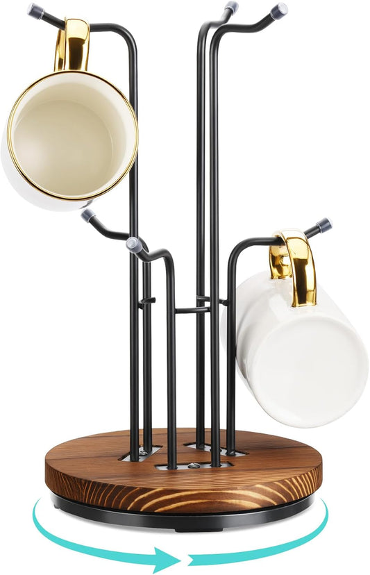 HULISEN 360° Rotating Mug Tree for Large Cups, Counter Coffee Mug Holder with 6 Hooks, Metal Coffee Cup Rack Stand for
