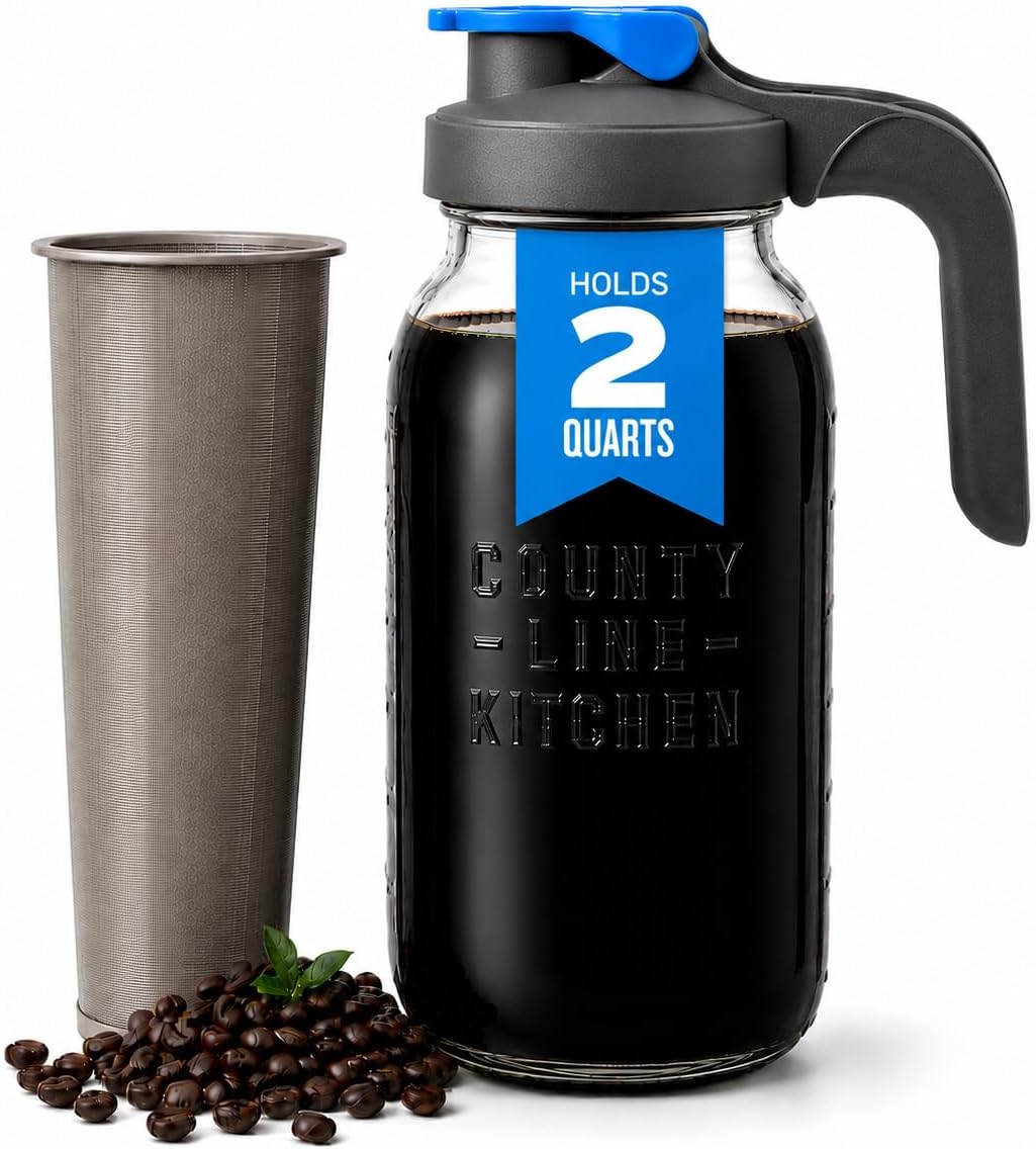 County Line Kitchen 64oz Cold Brew Coffee Maker with Leak Proof Lid - Gray | Glass Cold Brew Coffee Maker - Wide Mouth Mason Jar, Stainless Steel Filter &amp; Leak-Proof Lid (64 oz)