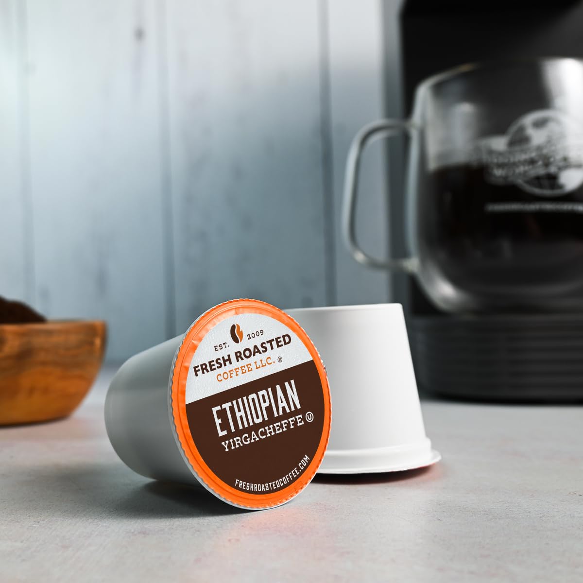 Fresh Roasted Coffee, Dark Ethiopian Yirgacheffe Kochere K-Cup Pods for Keurig Brewers, Dark Roast, Kosher, 24 Count (Pack of 1)