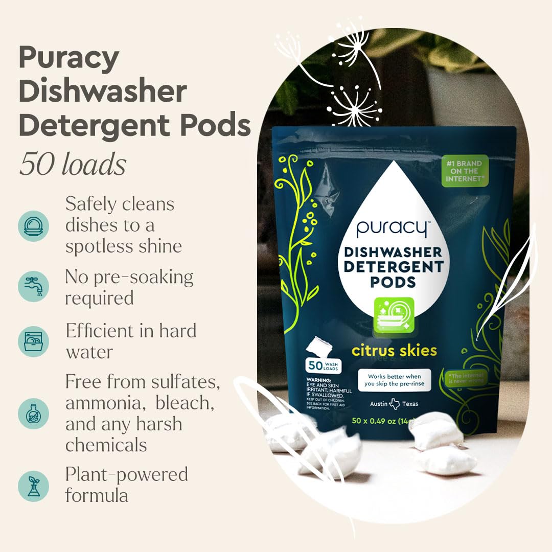 Puracy Natural Dishwasher Detergent Pods – Enzyme-Powered, Spot & Residue Free, Citrus Skies, 50 Count
