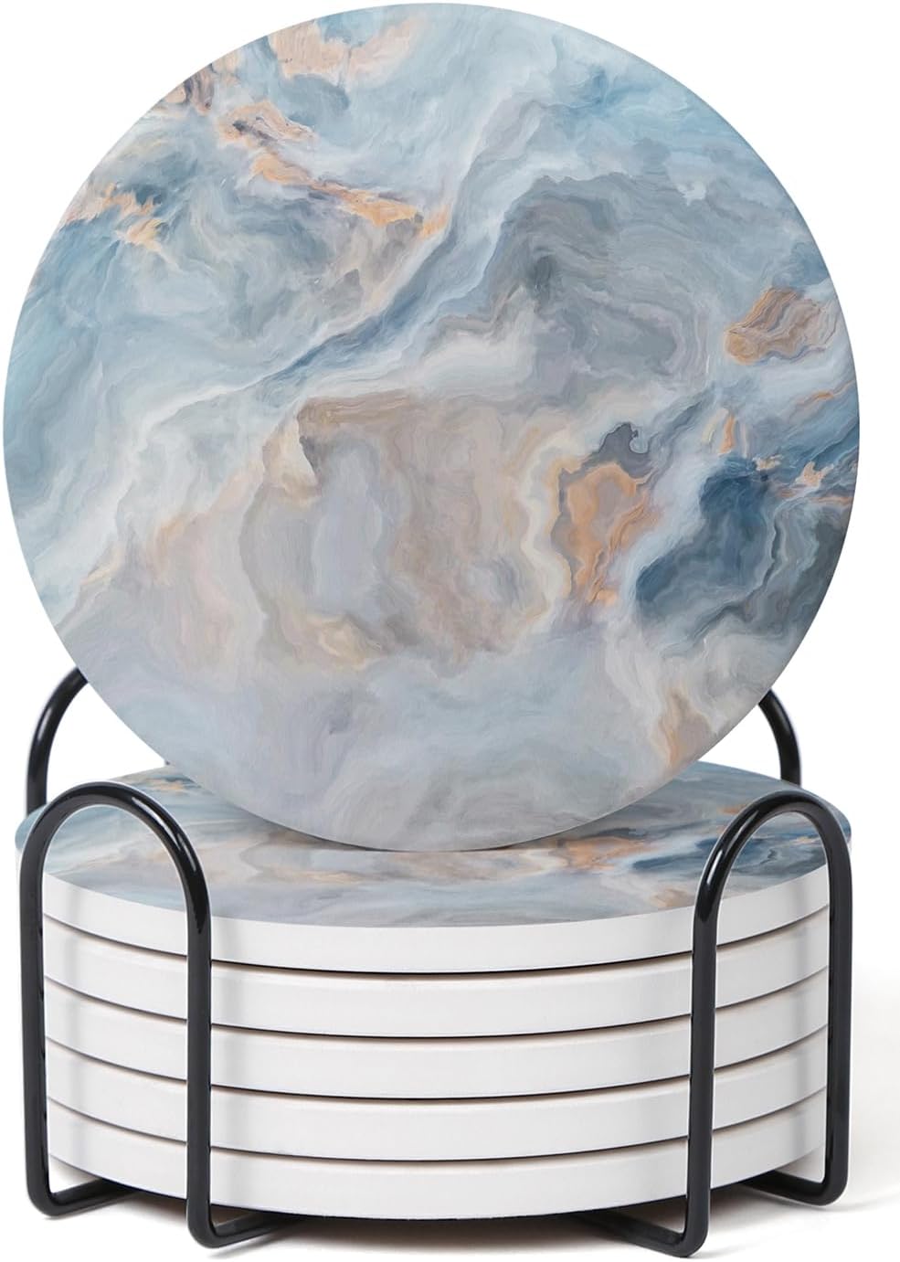 Set of 6 Abstract Blue Marble Coasters with Holder, Absorbent Ceramic Coasters for Drinks, Coasters 