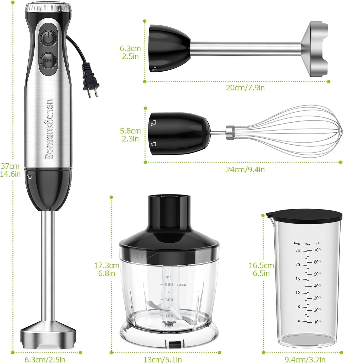 Bonsenkitchen Immersion Blender with Food Processor, 20 Speeds &amp; Turbo Mode | 4-in-1 Emulsion Hand Blender, Egg Whisk, 24 oz Beaker &amp; Chopper Bowl, Portable Hand Mixer for Smoothie, Soup, Baby Food