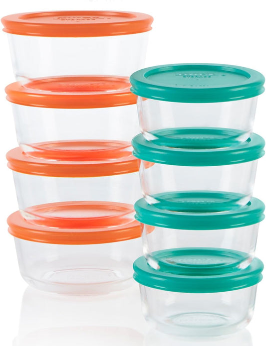 Pyrex Simply Store (8-Pack) Small Glass Food Storage Containers Set, (1 & 2 Cup) Meal Prep Containers With BPA-Free Lids,