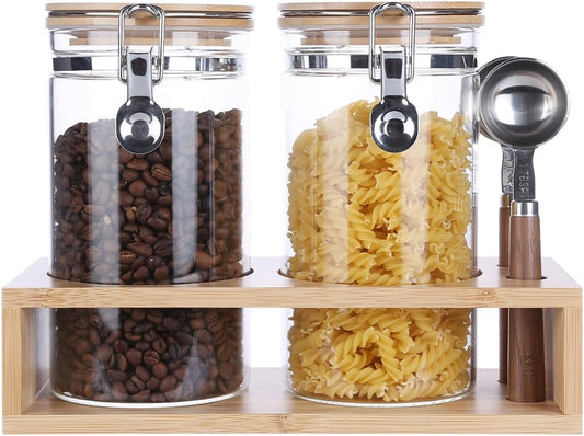 KKC Glass Coffee and Sugar Containers with Airtight Hinged Lids,Sealed Glass Jar Canisters with Scoops for Ground